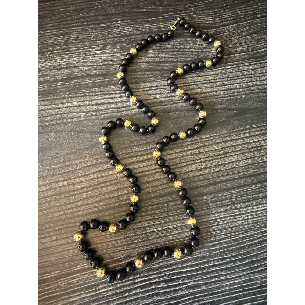 Vintage Napier Single Strand 30" Black And Gold Tone Round Beads Signed